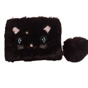 Black Furry Cat Wallet With Pom Pom Zip Tail